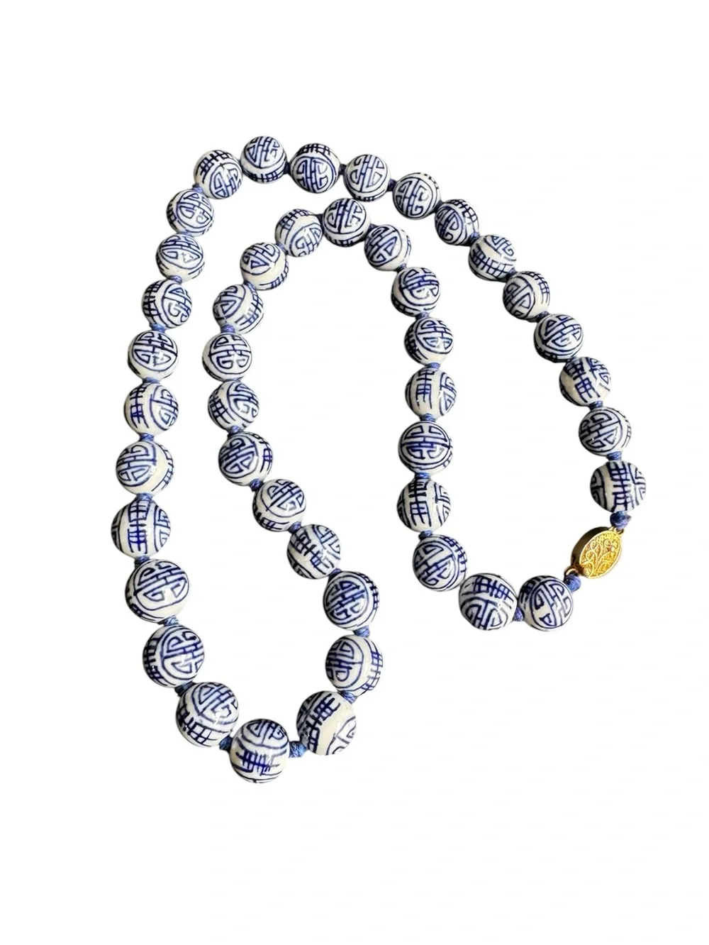 Vintage Chinese Shou Bead Necklace Blue White Porcelain Beaded Longevity 24